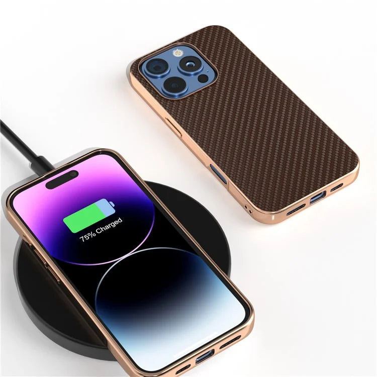 For iPhone 16 Pro Max Case Electroplating Phone Cover Carbon Fiber Texture PU+TPU Protective Case