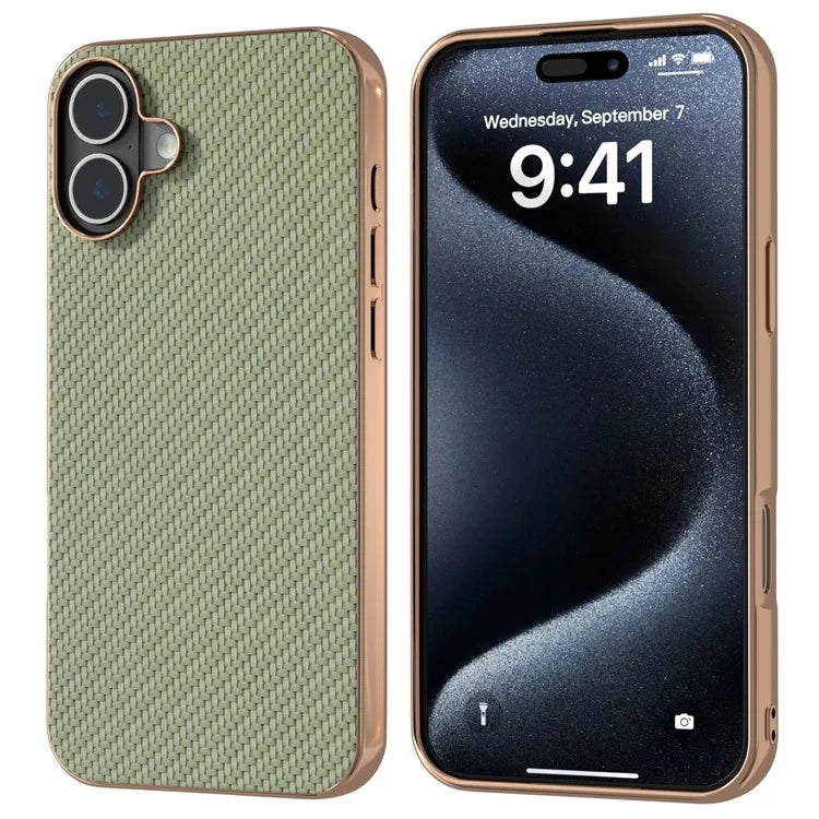 For iPhone 16 Plus Case Electroplating Phone Cover Carbon Fiber Texture PU+TPU Protective Case