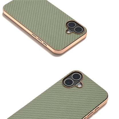 For iPhone 16 Plus Case Electroplating Phone Cover Carbon Fiber Texture PU+TPU Protective Case