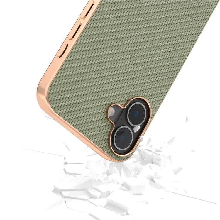 For iPhone 16 Plus Case Electroplating Phone Cover Carbon Fiber Texture PU+TPU Protective Case