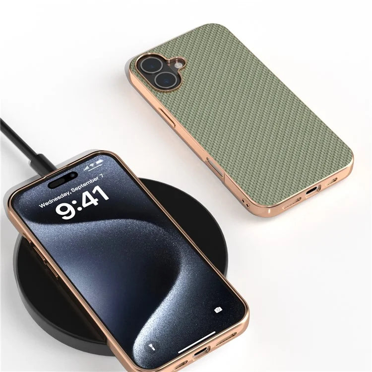 For iPhone 16 Plus Case Electroplating Phone Cover Carbon Fiber Texture PU+TPU Protective Case