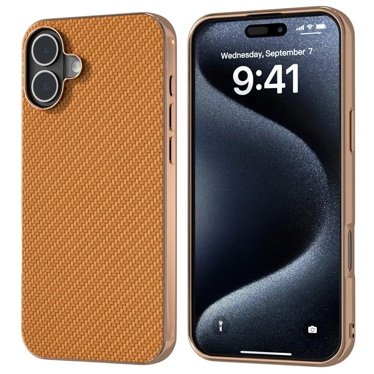 For iPhone 16 Plus Case Electroplating Phone Cover Carbon Fiber Texture PU+TPU Protective Case