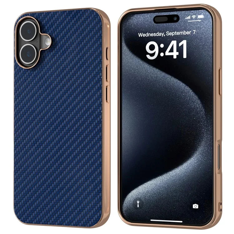 For iPhone 16 Plus Case Electroplating Phone Cover Carbon Fiber Texture PU+TPU Protective Case