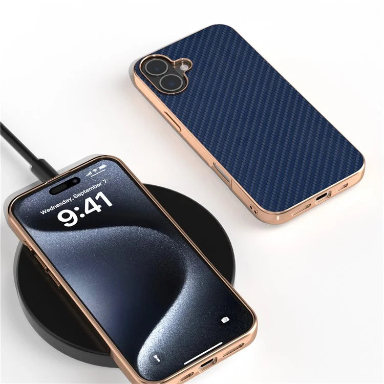 For iPhone 16 Plus Case Electroplating Phone Cover Carbon Fiber Texture PU+TPU Protective Case