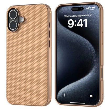 For iPhone 16 Plus Case Electroplating Phone Cover Carbon Fiber Texture PU+TPU Protective Case
