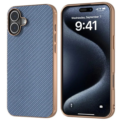 For iPhone 16 Plus Case Electroplating Phone Cover Carbon Fiber Texture PU+TPU Protective Case