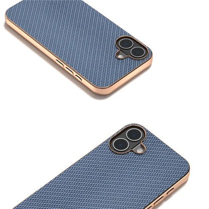 For iPhone 16 Plus Case Electroplating Phone Cover Carbon Fiber Texture PU+TPU Protective Case