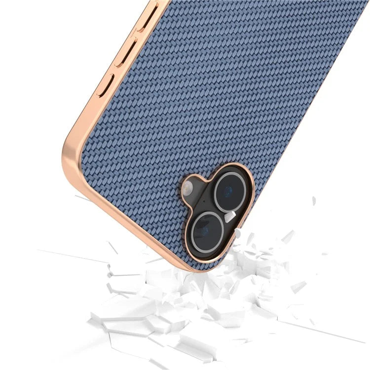 For iPhone 16 Plus Case Electroplating Phone Cover Carbon Fiber Texture PU+TPU Protective Case