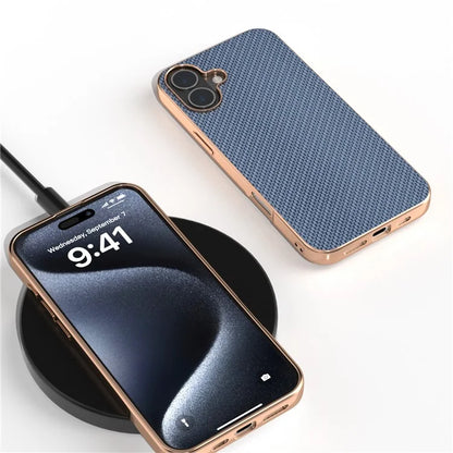 For iPhone 16 Plus Case Electroplating Phone Cover Carbon Fiber Texture PU+TPU Protective Case