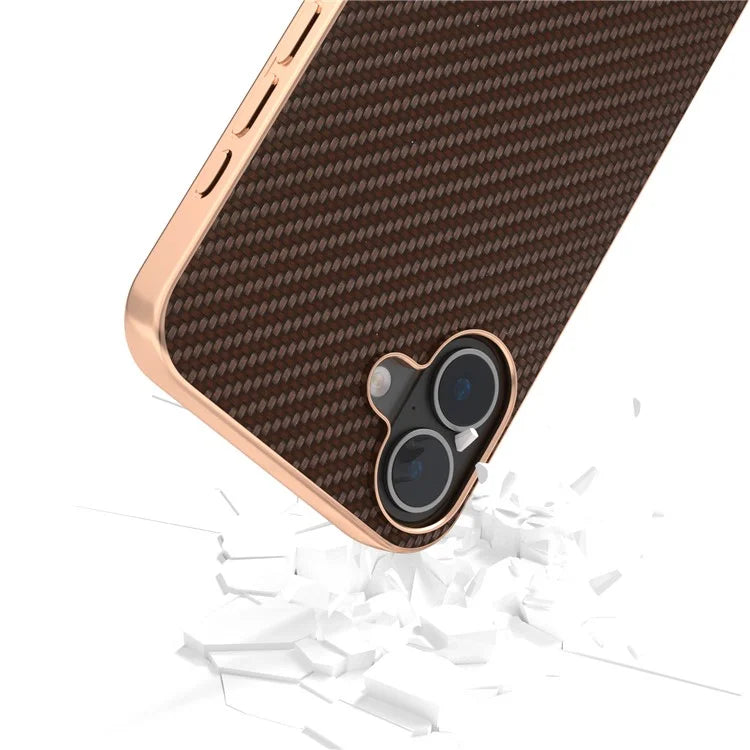 For iPhone 16 Plus Case Electroplating Phone Cover Carbon Fiber Texture PU+TPU Protective Case