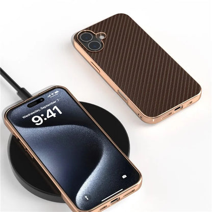 For iPhone 16 Plus Case Electroplating Phone Cover Carbon Fiber Texture PU+TPU Protective Case