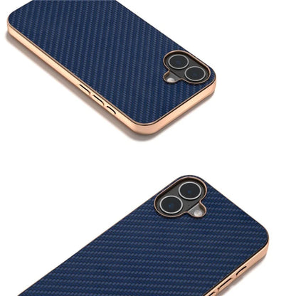 For iPhone 16 Case Electroplating Phone Cover Carbon Fiber Texture PU+TPU Protective Case