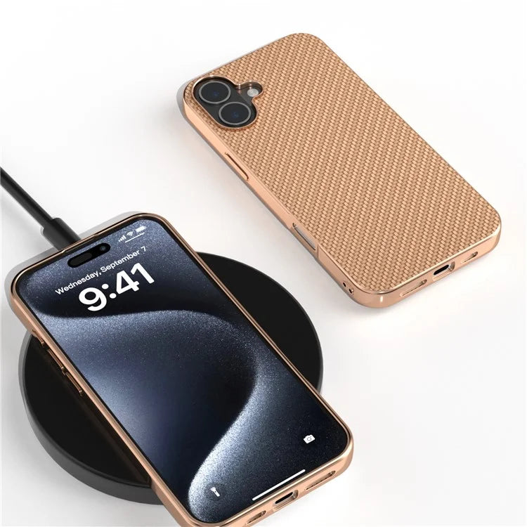 For iPhone 16 Case Electroplating Phone Cover Carbon Fiber Texture PU+TPU Protective Case