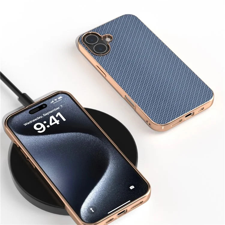 For iPhone 16 Case Electroplating Phone Cover Carbon Fiber Texture PU+TPU Protective Case