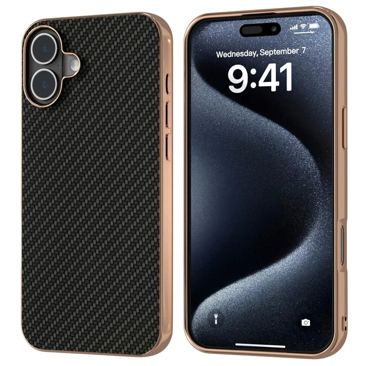 For iPhone 16 Case Electroplating Phone Cover Carbon Fiber Texture PU+TPU Protective Case