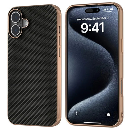 For iPhone 16 Case Electroplating Phone Cover Carbon Fiber Texture PU+TPU Protective Case