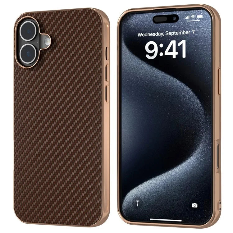 For iPhone 16 Case Electroplating Phone Cover Carbon Fiber Texture PU+TPU Protective Case