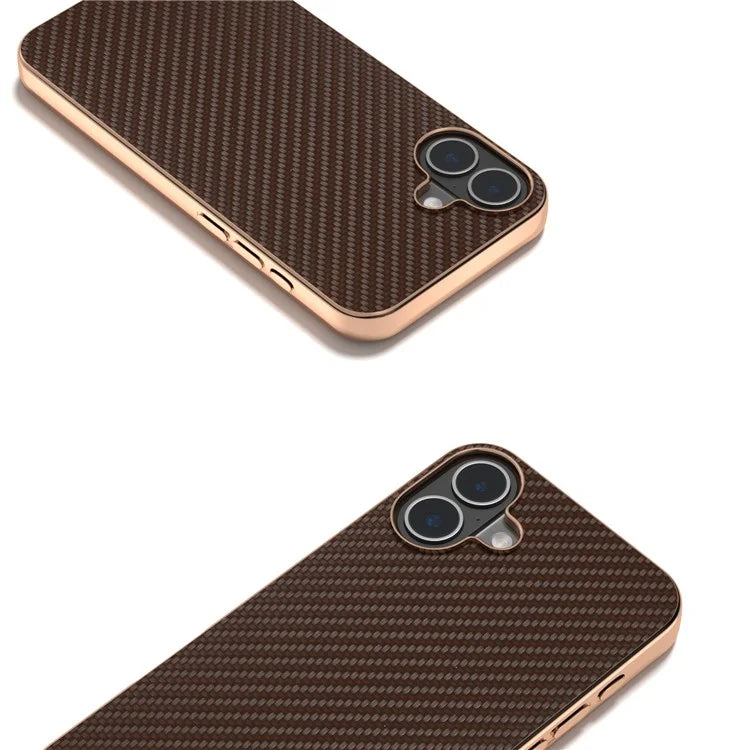 For iPhone 16 Case Electroplating Phone Cover Carbon Fiber Texture PU+TPU Protective Case