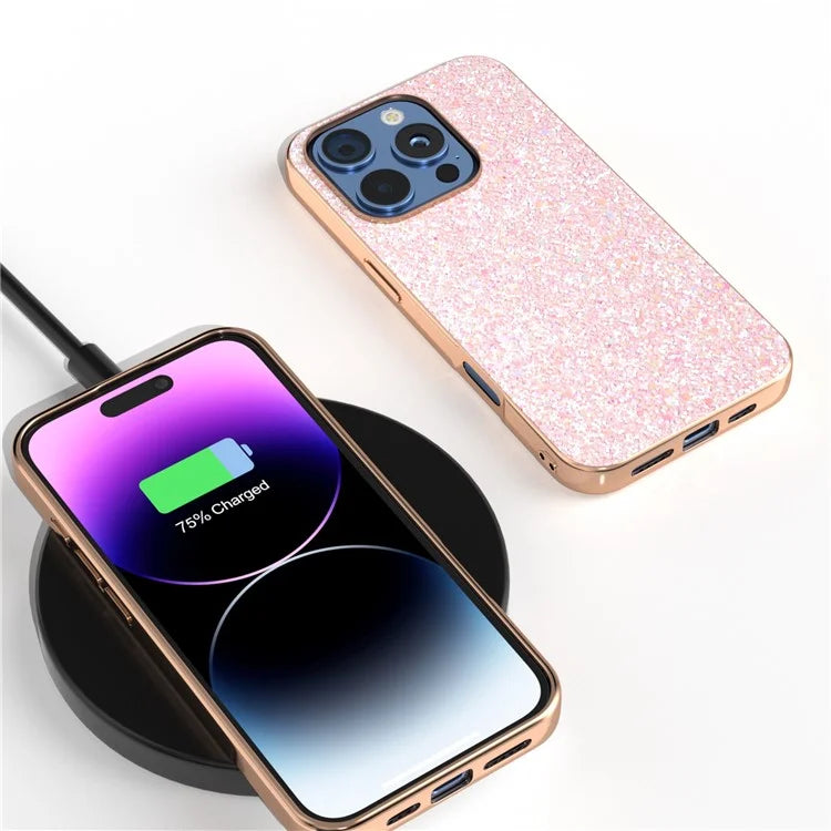 For iPhone 16 Pro Max Case Electroplating Phone Cover Colored Glitter Design PU+TPU Protective Case