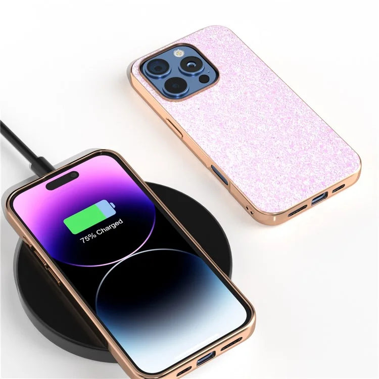For iPhone 16 Pro Max Case Electroplating Phone Cover Colored Glitter Design PU+TPU Protective Case