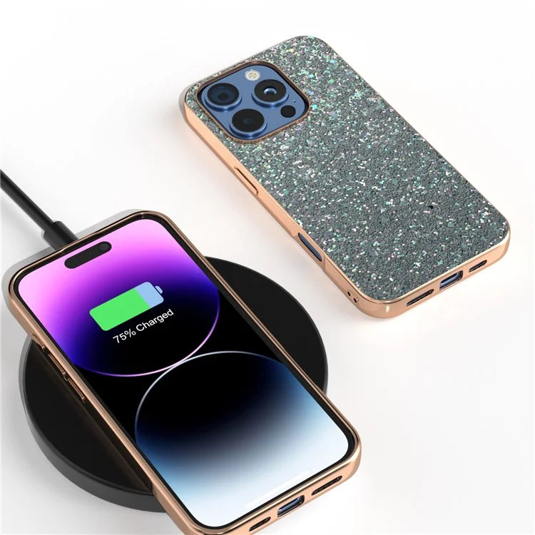 For iPhone 16 Pro Max Case Electroplating Phone Cover Colored Glitter Design PU+TPU Protective Case