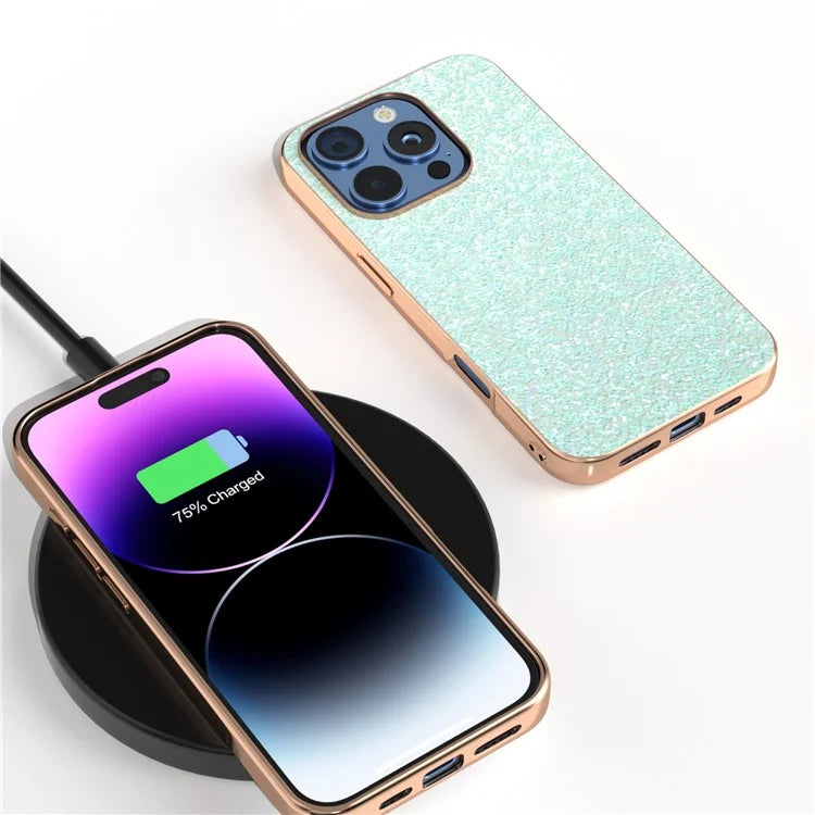 For iPhone 16 Pro Max Case Electroplating Phone Cover Colored Glitter Design PU+TPU Protective Case