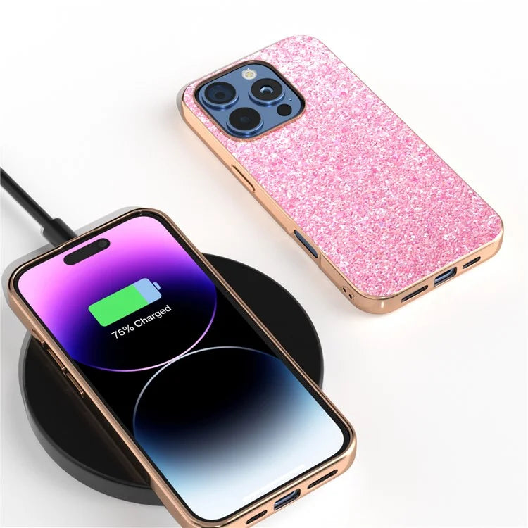 For iPhone 16 Pro Case Electroplating Phone Cover Colored Glitter Design PU+TPU Protective Case