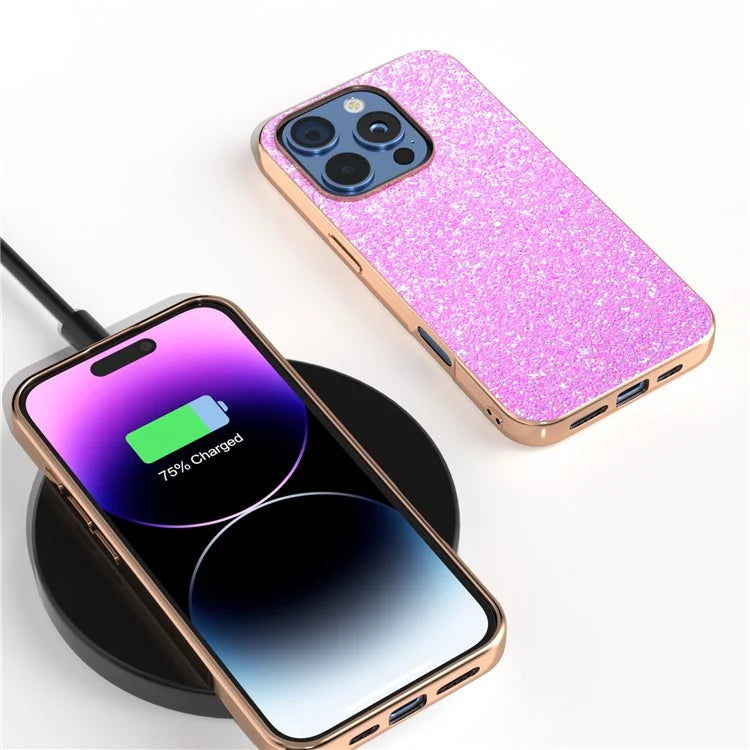 For iPhone 16 Pro Case Electroplating Phone Cover Colored Glitter Design PU+TPU Protective Case