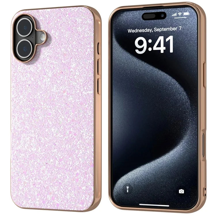 For iPhone 16 Plus Case Electroplating Phone Cover Colored Glitter Design PU+TPU Protective Case