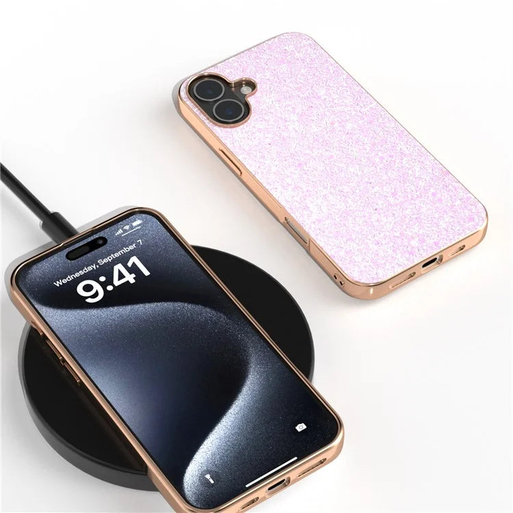 For iPhone 16 Plus Case Electroplating Phone Cover Colored Glitter Design PU+TPU Protective Case