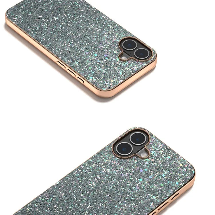 For iPhone 16 Plus Case Electroplating Phone Cover Colored Glitter Design PU+TPU Protective Case