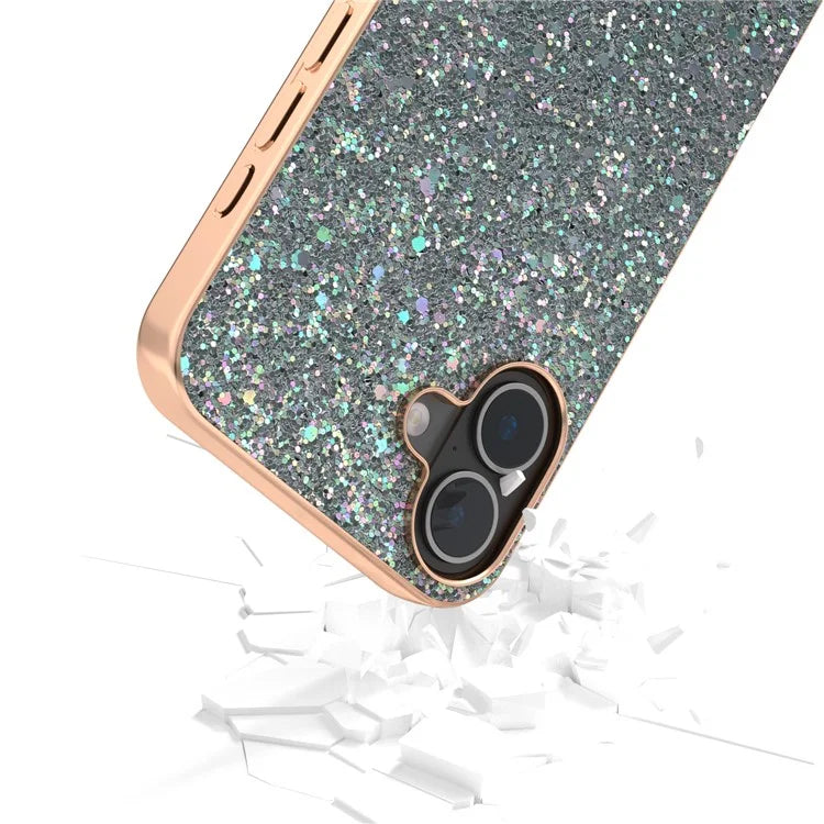For iPhone 16 Plus Case Electroplating Phone Cover Colored Glitter Design PU+TPU Protective Case
