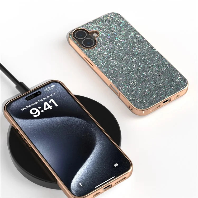 For iPhone 16 Plus Case Electroplating Phone Cover Colored Glitter Design PU+TPU Protective Case
