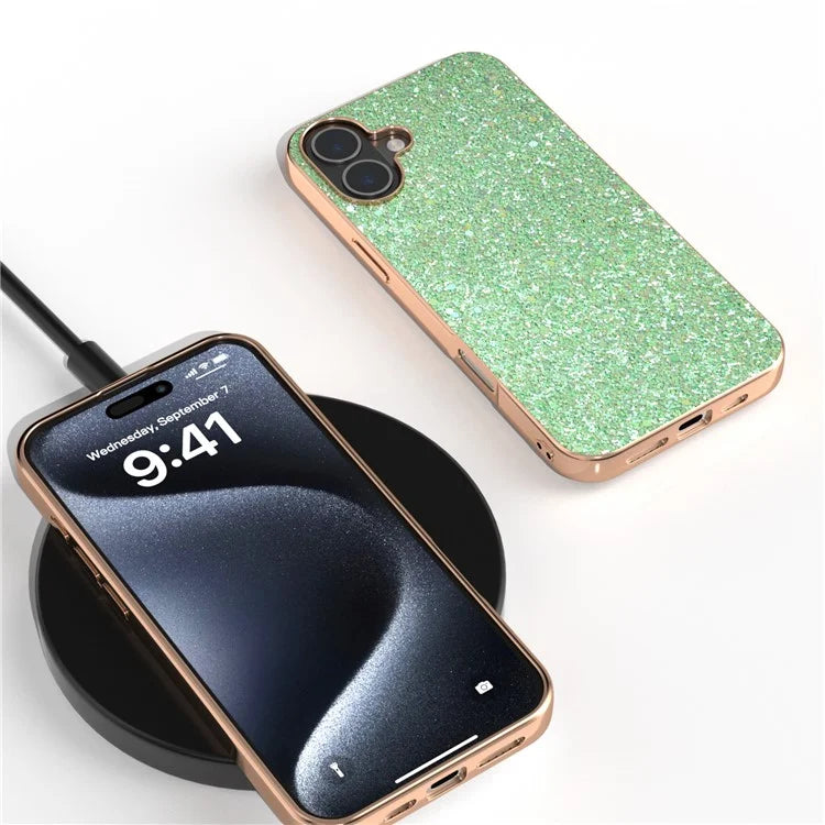 For iPhone 16 Plus Case Electroplating Phone Cover Colored Glitter Design PU+TPU Protective Case