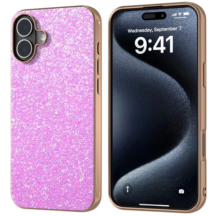 For iPhone 16 Plus Case Electroplating Phone Cover Colored Glitter Design PU+TPU Protective Case