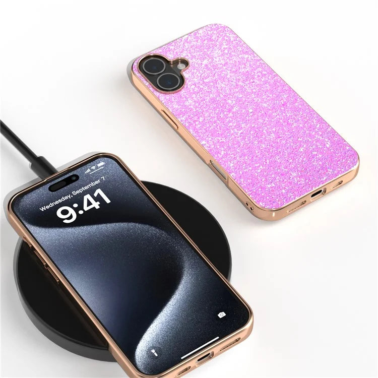 For iPhone 16 Plus Case Electroplating Phone Cover Colored Glitter Design PU+TPU Protective Case