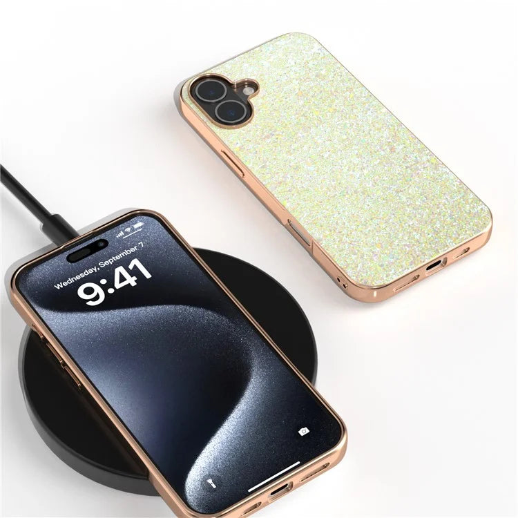 For iPhone 16 Case Electroplating Phone Cover Colored Glitter Design PU+TPU Protective Case