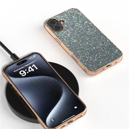 For iPhone 16 Case Electroplating Phone Cover Colored Glitter Design PU+TPU Protective Case