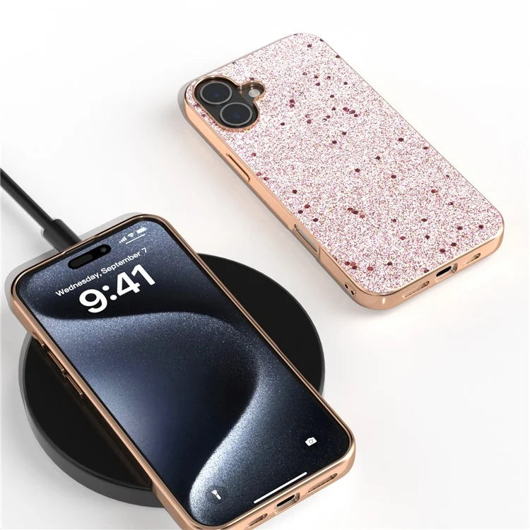 For iPhone 16 Case Electroplating Phone Cover Glitter Surface Design PU+TPU Protective Case