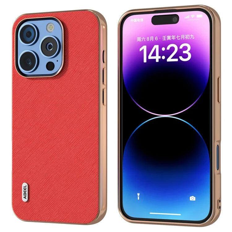 ABEEL For iPhone 16 Pro Max Case Electroplating Phone Cover Cross Texture Genuine Cow Leather+TPU Protective Case