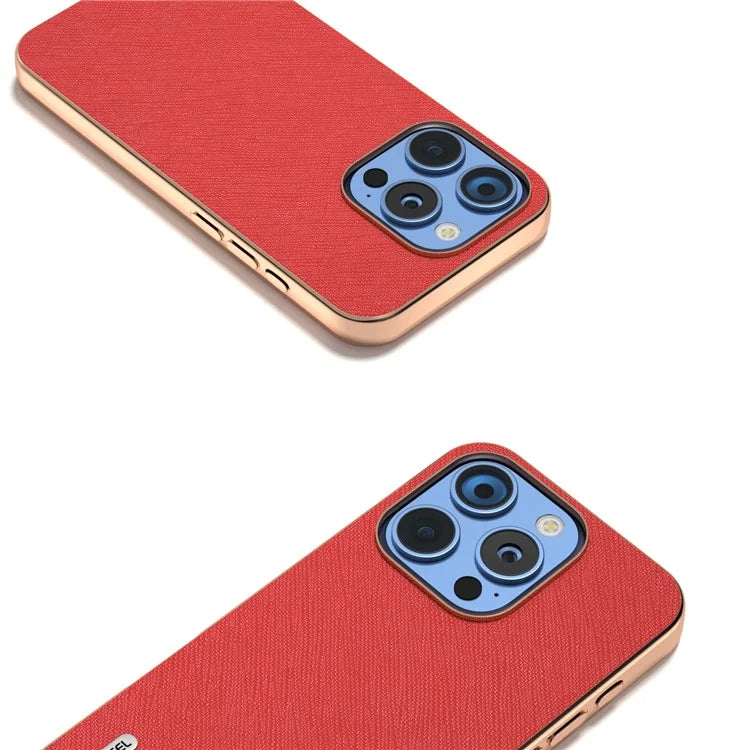 ABEEL For iPhone 16 Pro Max Case Electroplating Phone Cover Cross Texture Genuine Cow Leather+TPU Protective Case