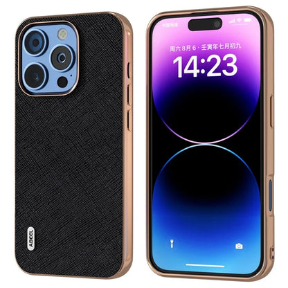 ABEEL For iPhone 16 Pro Max Case Electroplating Phone Cover Cross Texture Genuine Cow Leather+TPU Protective Case