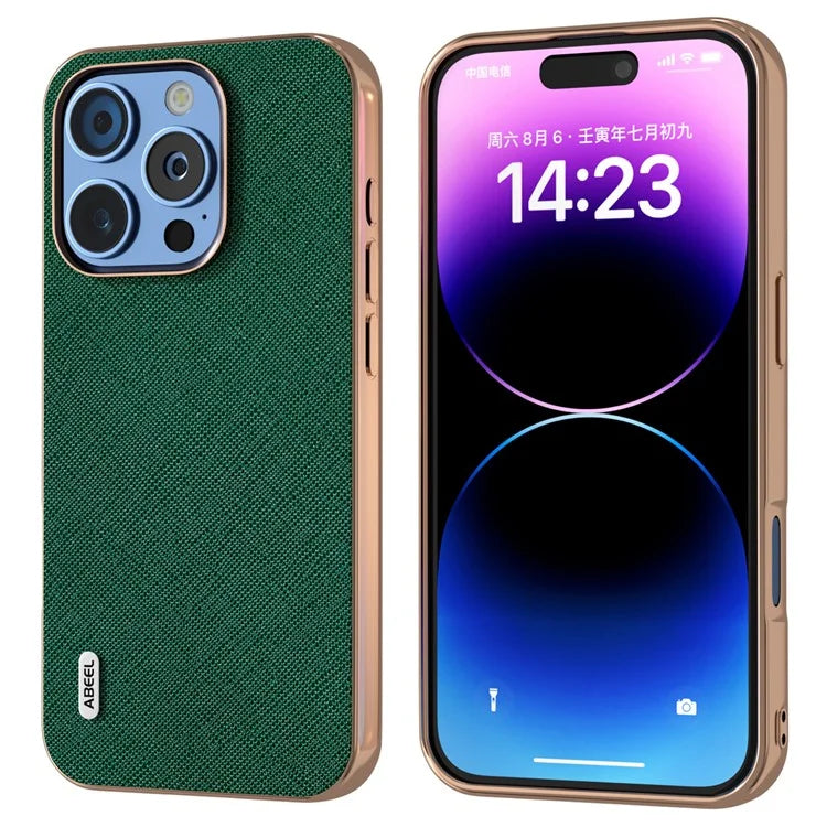 ABEEL For iPhone 16 Pro Max Case Electroplating Phone Cover Cross Texture Genuine Cow Leather+TPU Protective Case