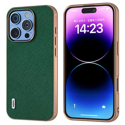 ABEEL For iPhone 16 Pro Max Case Electroplating Phone Cover Cross Texture Genuine Cow Leather+TPU Protective Case