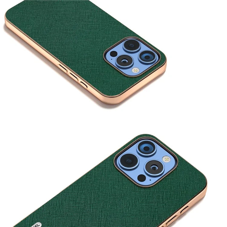 ABEEL For iPhone 16 Pro Max Case Electroplating Phone Cover Cross Texture Genuine Cow Leather+TPU Protective Case