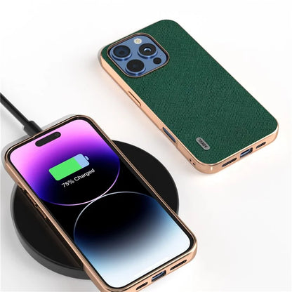 ABEEL For iPhone 16 Pro Max Case Electroplating Phone Cover Cross Texture Genuine Cow Leather+TPU Protective Case