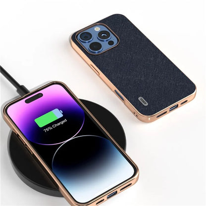 ABEEL For iPhone 16 Pro Max Case Electroplating Phone Cover Cross Texture Genuine Cow Leather+TPU Protective Case