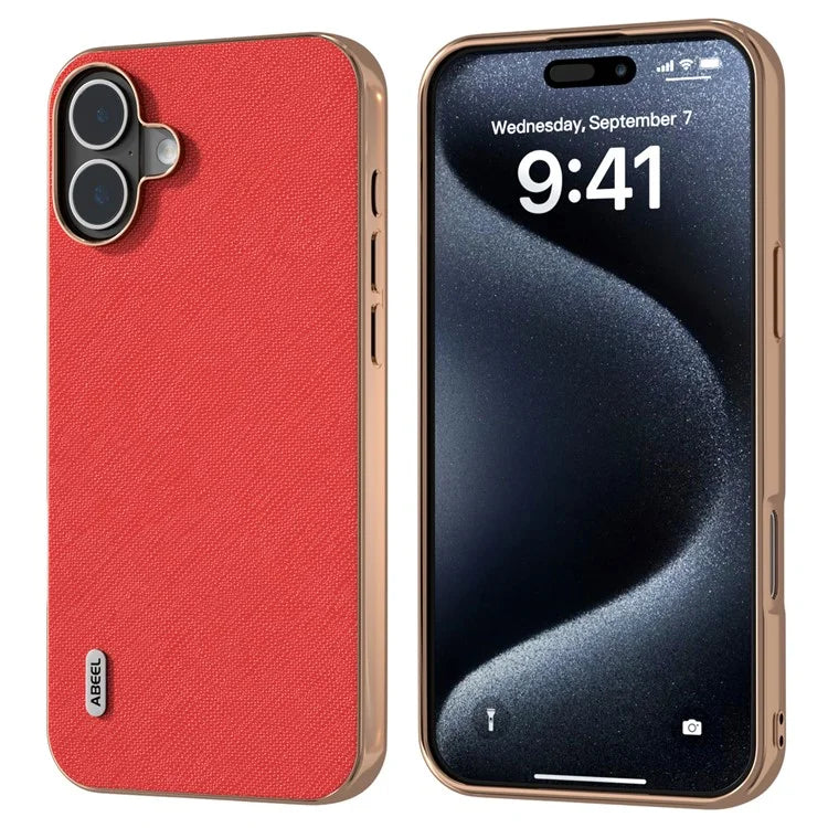 ABEEL For iPhone 16 Plus Case Electroplating Phone Cover Cross Texture Genuine Cow Leather+TPU Protective Case