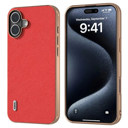 ABEEL For iPhone 16 Plus Case Electroplating Phone Cover Cross Texture Genuine Cow Leather+TPU Protective Case