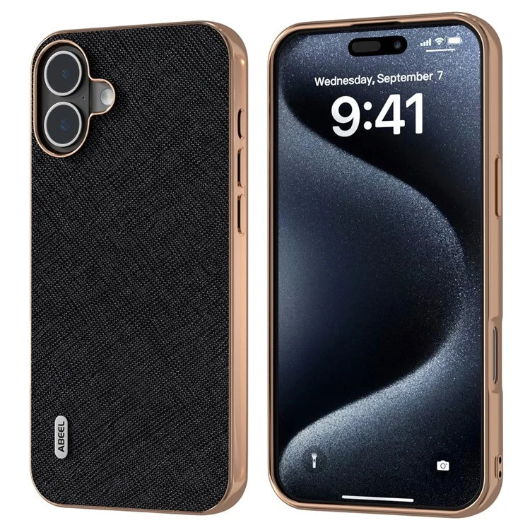 ABEEL For iPhone 16 Plus Case Electroplating Phone Cover Cross Texture Genuine Cow Leather+TPU Protective Case